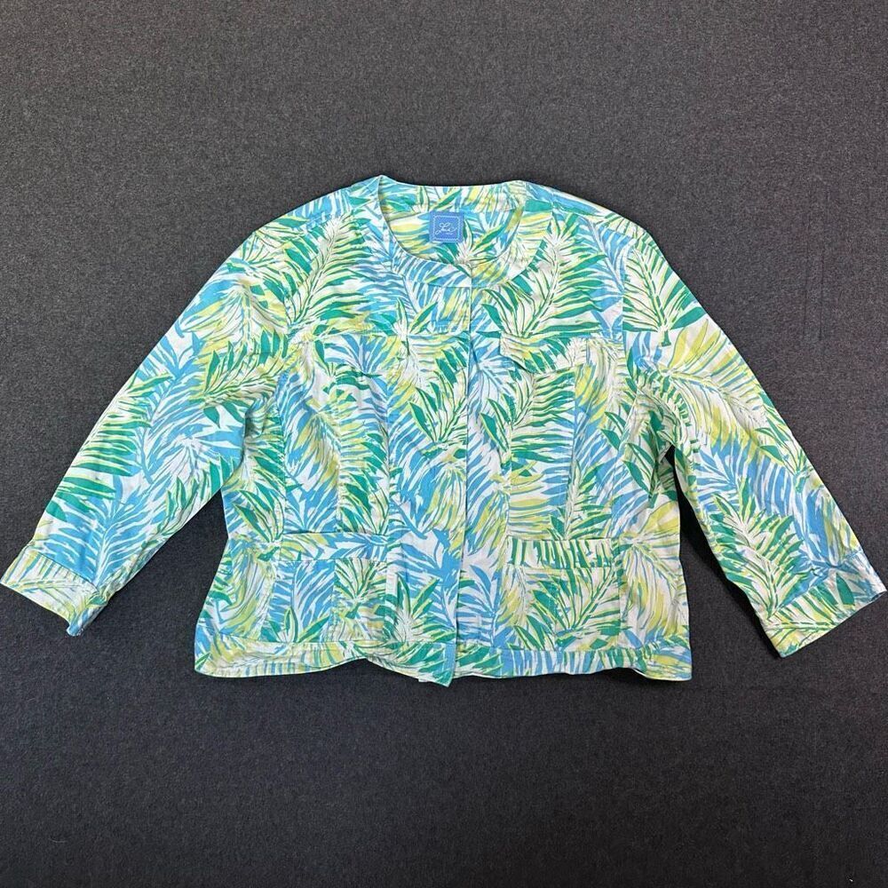 Lark Lane Tropical Floral 3/4 Sleeve Snap Button Shacket Jacket Womens L Blue Co
